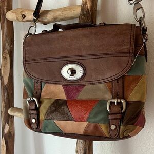 Fossil Vintage Patchwork Brown Colorful Mosaic Leather Crossbody Messenger Bag